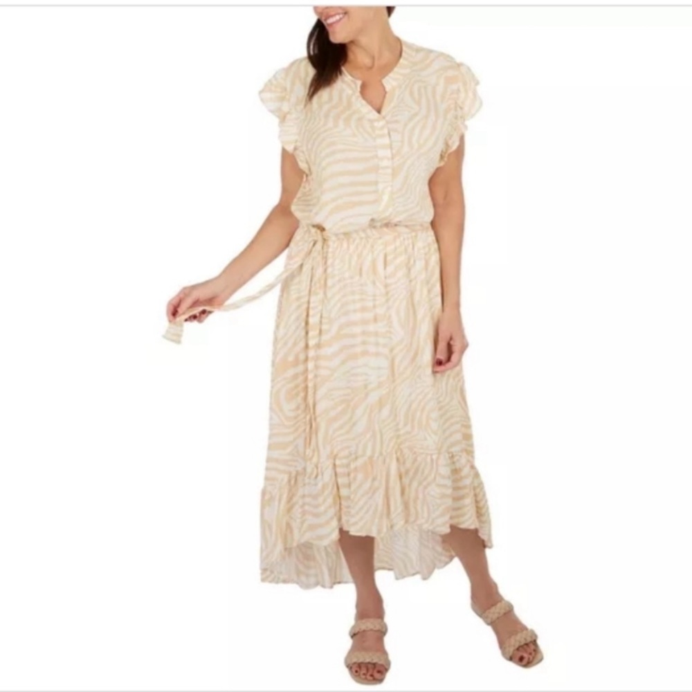 NWT! Fair Haven Women’s Zebra Split Neck Ruffle Sleeveless High Low Dress Sz S